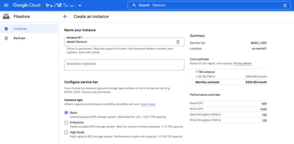 google filestore demo user interface